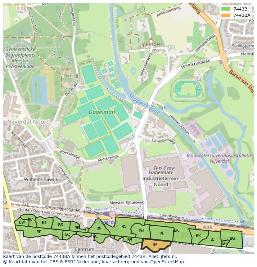 Afbeelding van het postcodegebied 7443 BA op de kaart.