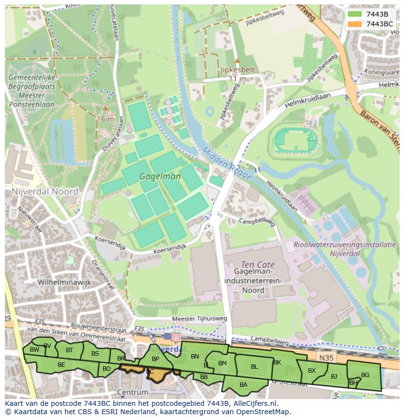 Afbeelding van het postcodegebied 7443 BC op de kaart.