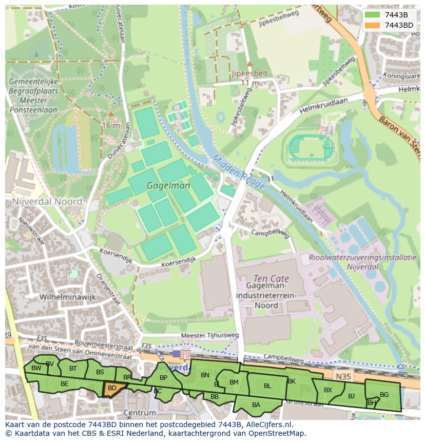 Afbeelding van het postcodegebied 7443 BD op de kaart.