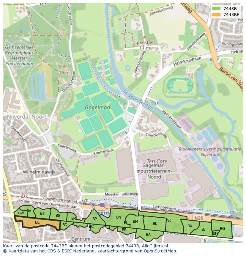 Afbeelding van het postcodegebied 7443 BE op de kaart.