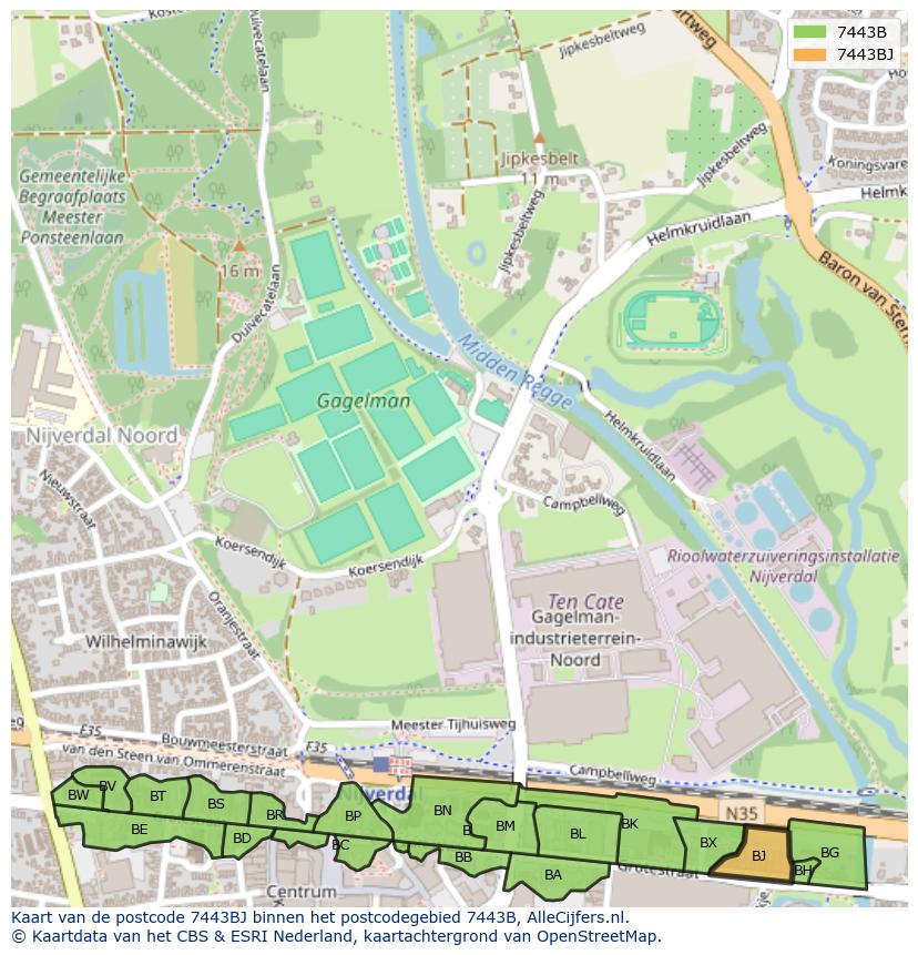 Afbeelding van het postcodegebied 7443 BJ op de kaart.