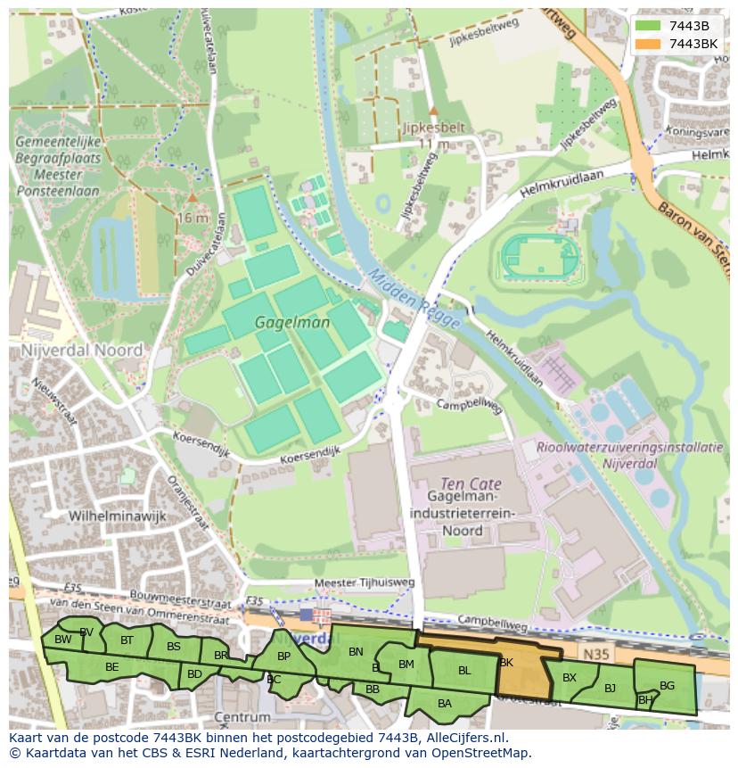 Afbeelding van het postcodegebied 7443 BK op de kaart.