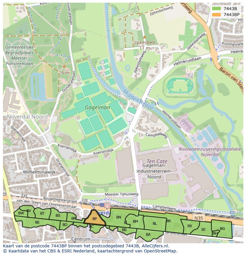 Afbeelding van het postcodegebied 7443 BP op de kaart.