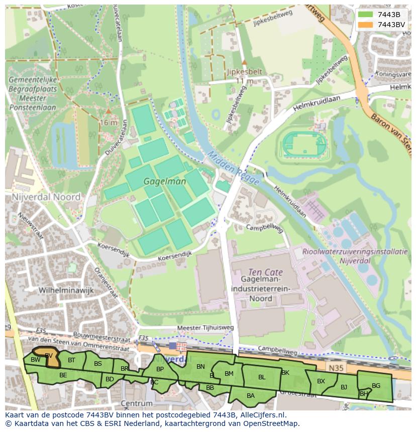 Afbeelding van het postcodegebied 7443 BV op de kaart.