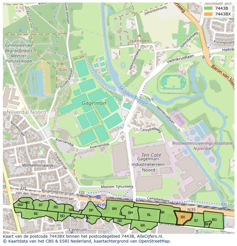 Afbeelding van het postcodegebied 7443 BX op de kaart.