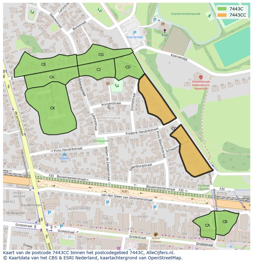 Afbeelding van het postcodegebied 7443 CC op de kaart.