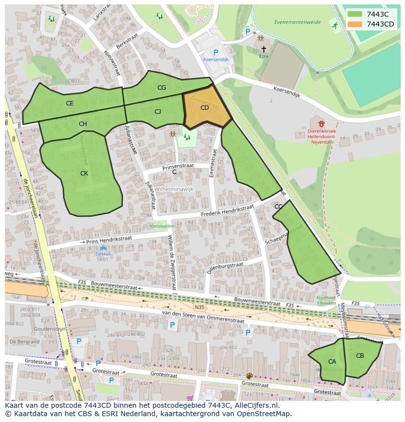 Afbeelding van het postcodegebied 7443 CD op de kaart.