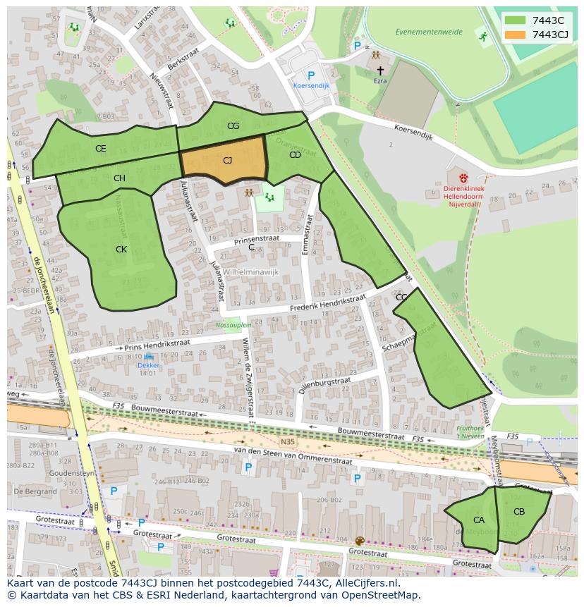 Afbeelding van het postcodegebied 7443 CJ op de kaart.