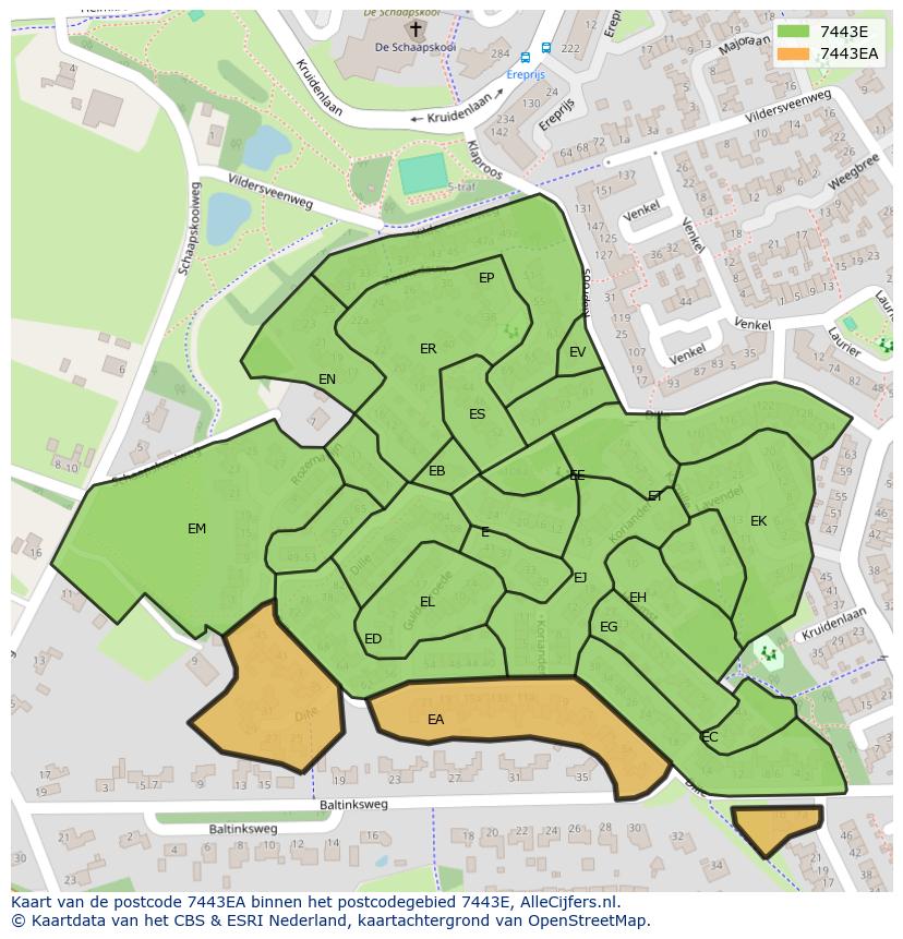 Afbeelding van het postcodegebied 7443 EA op de kaart.