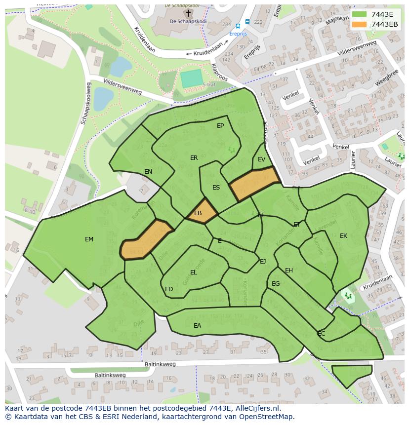 Afbeelding van het postcodegebied 7443 EB op de kaart.