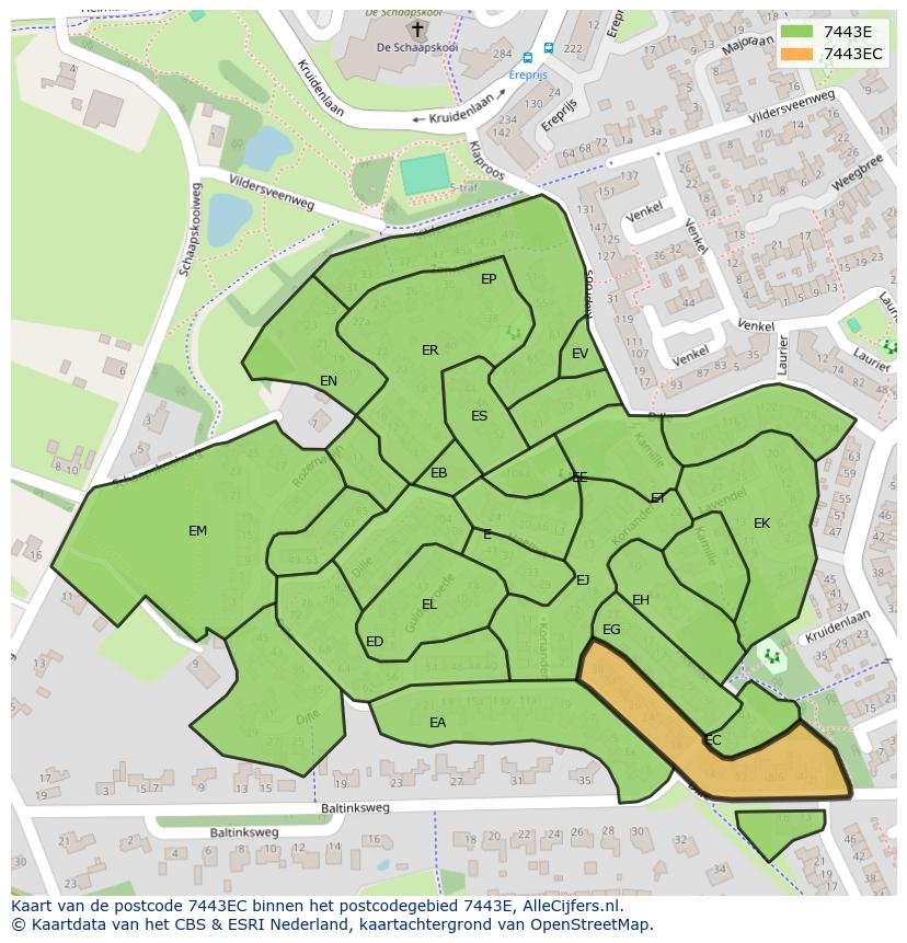 Afbeelding van het postcodegebied 7443 EC op de kaart.