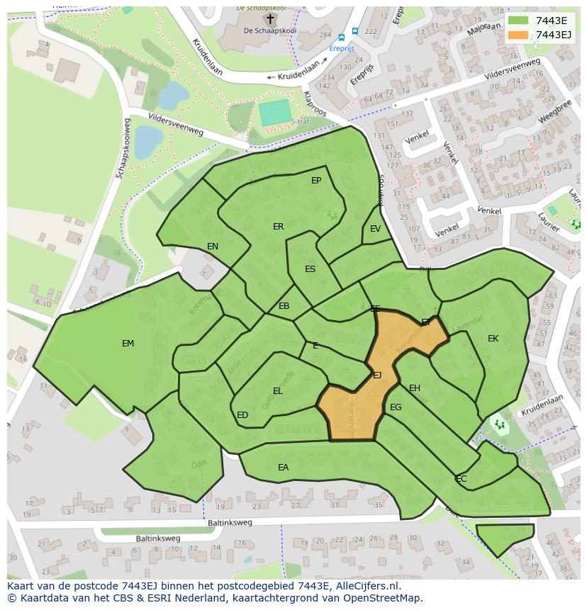 Afbeelding van het postcodegebied 7443 EJ op de kaart.