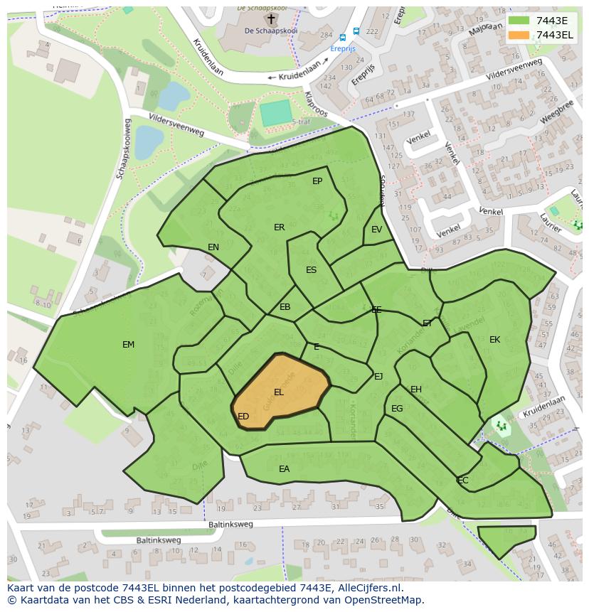 Afbeelding van het postcodegebied 7443 EL op de kaart.