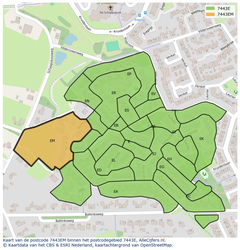 Afbeelding van het postcodegebied 7443 EM op de kaart.