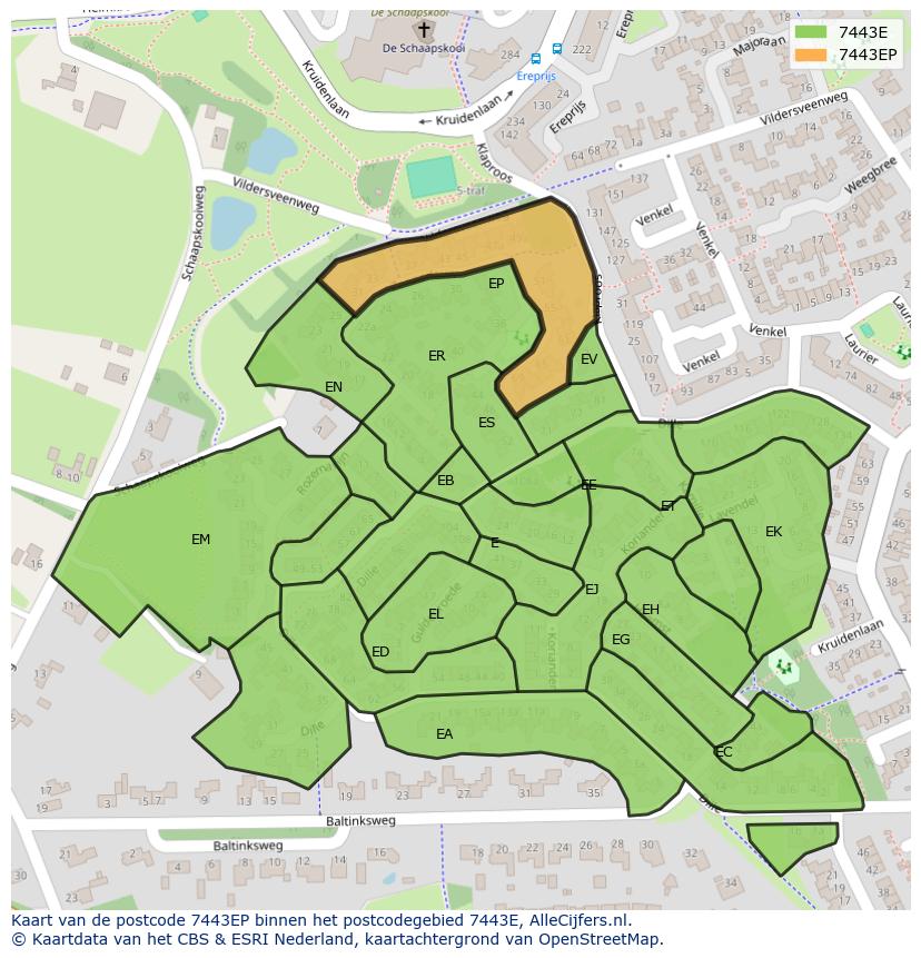 Afbeelding van het postcodegebied 7443 EP op de kaart.