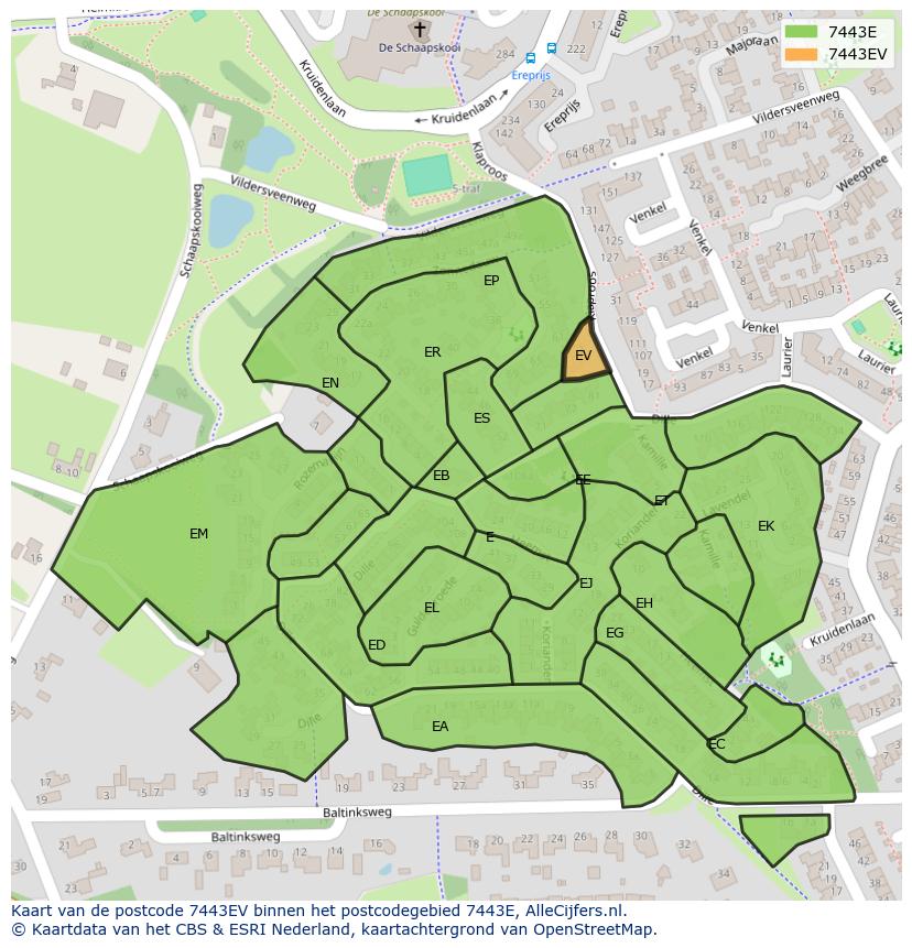 Afbeelding van het postcodegebied 7443 EV op de kaart.