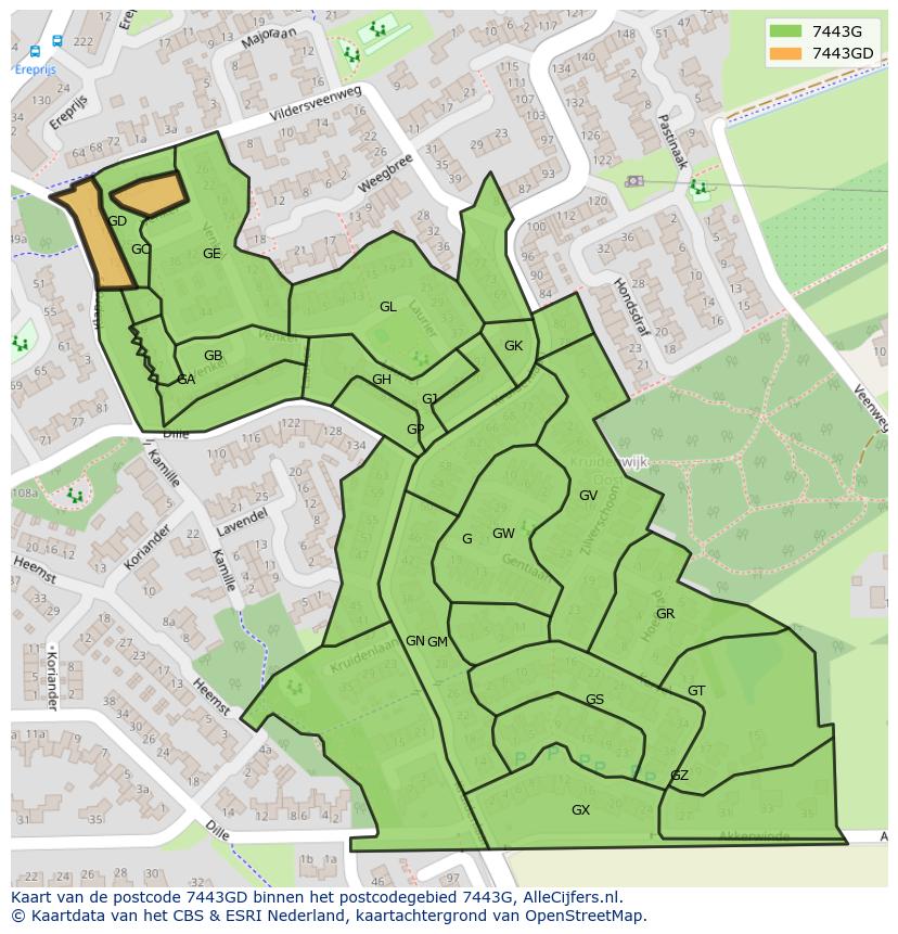 Afbeelding van het postcodegebied 7443 GD op de kaart.