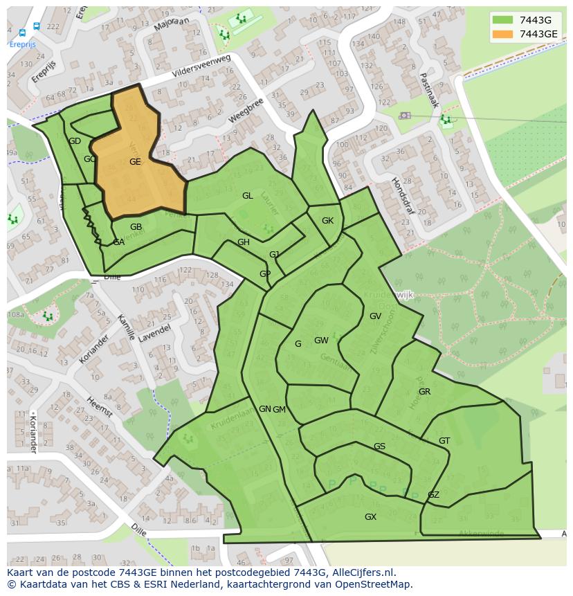 Afbeelding van het postcodegebied 7443 GE op de kaart.