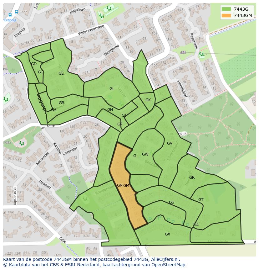 Afbeelding van het postcodegebied 7443 GM op de kaart.