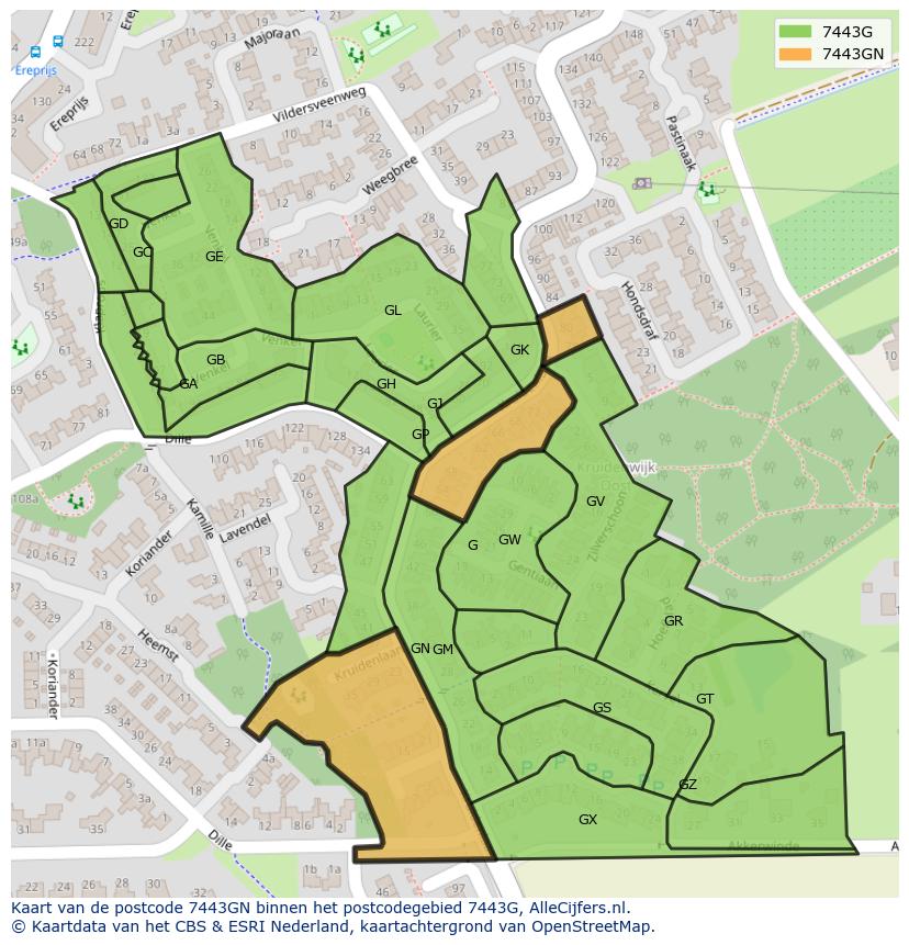 Afbeelding van het postcodegebied 7443 GN op de kaart.