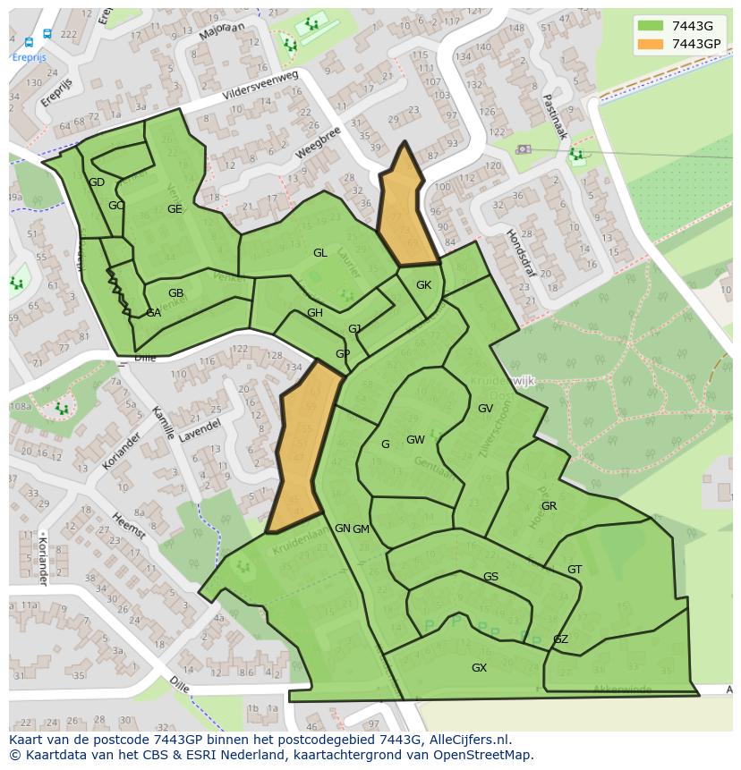 Afbeelding van het postcodegebied 7443 GP op de kaart.