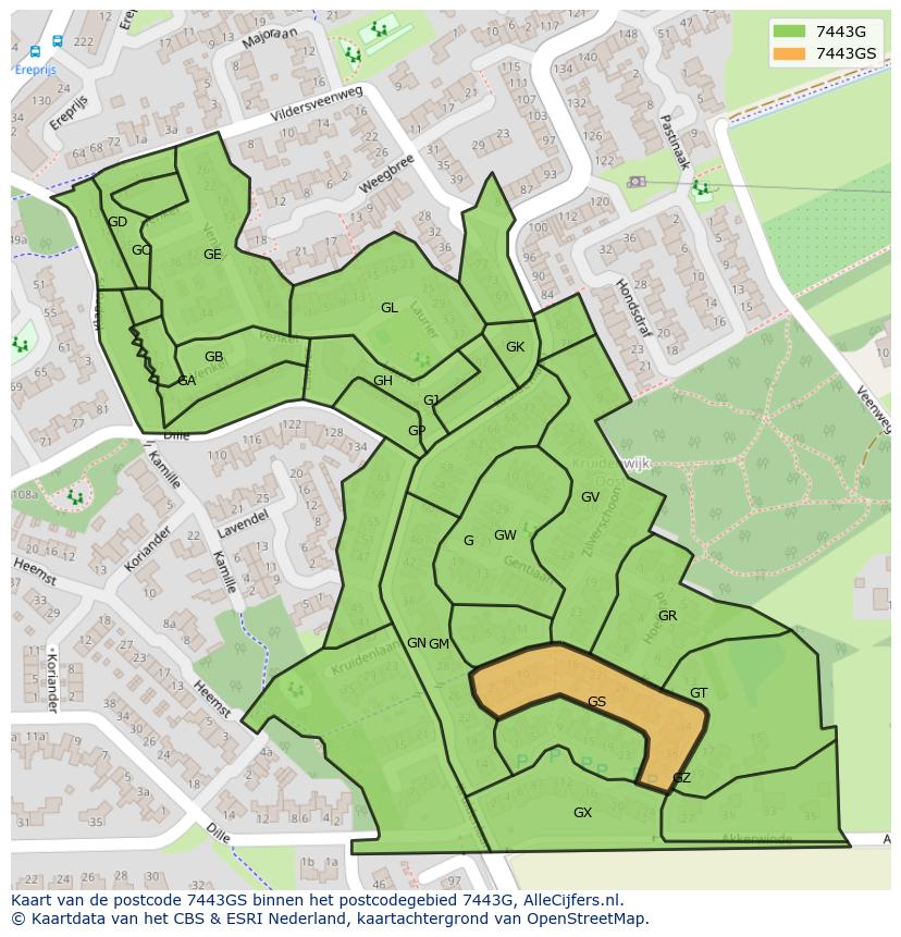 Afbeelding van het postcodegebied 7443 GS op de kaart.