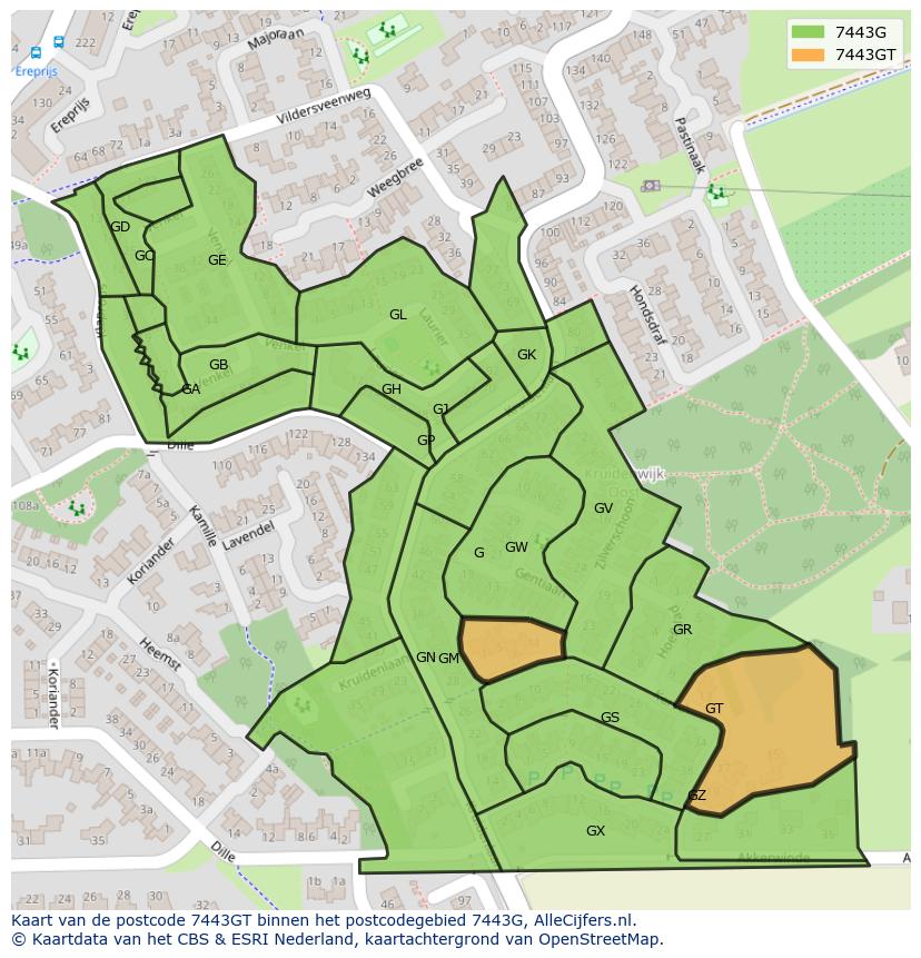 Afbeelding van het postcodegebied 7443 GT op de kaart.
