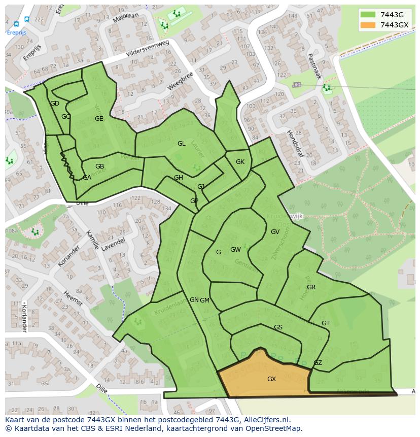 Afbeelding van het postcodegebied 7443 GX op de kaart.
