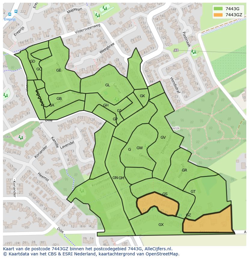 Afbeelding van het postcodegebied 7443 GZ op de kaart.
