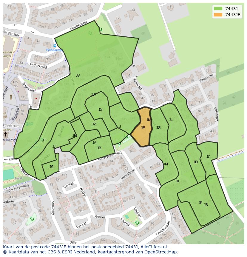 Afbeelding van het postcodegebied 7443 JE op de kaart.