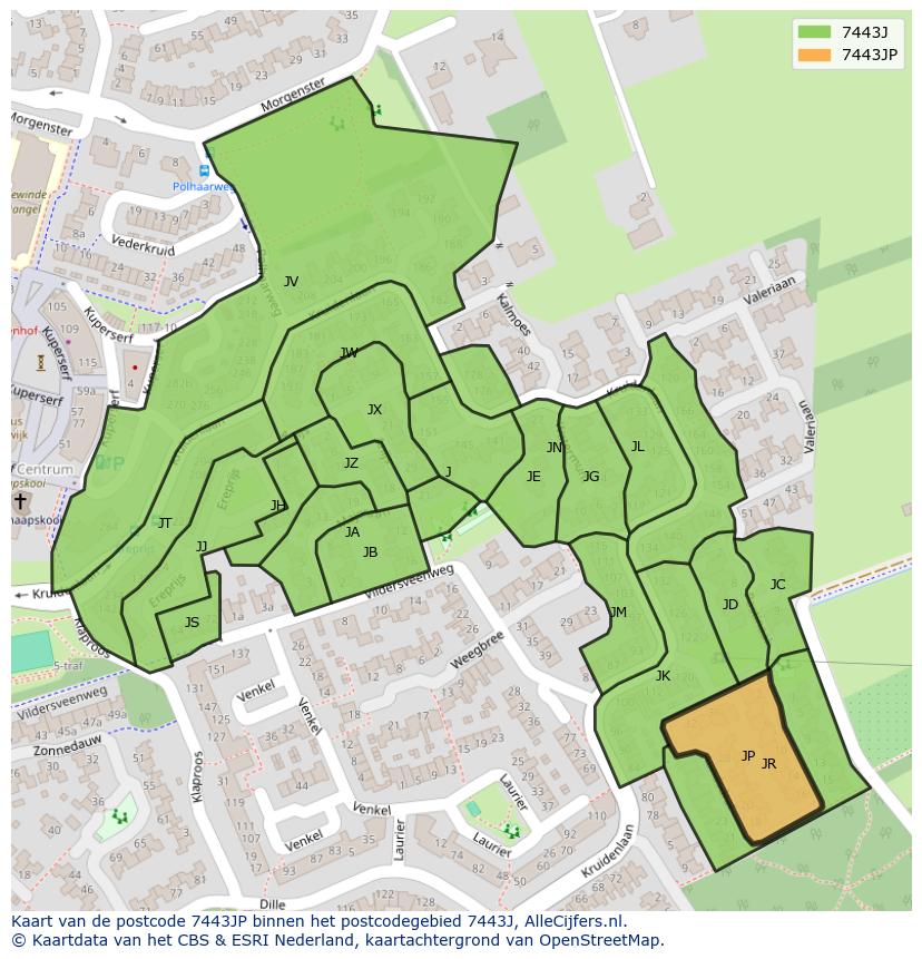 Afbeelding van het postcodegebied 7443 JP op de kaart.
