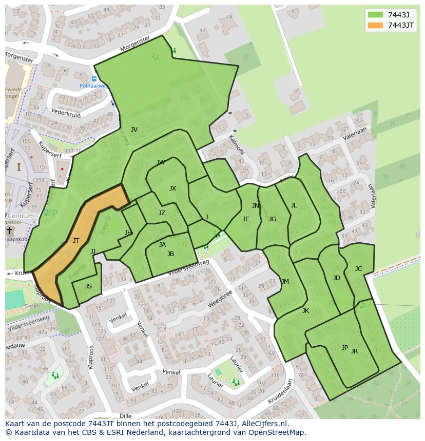 Afbeelding van het postcodegebied 7443 JT op de kaart.