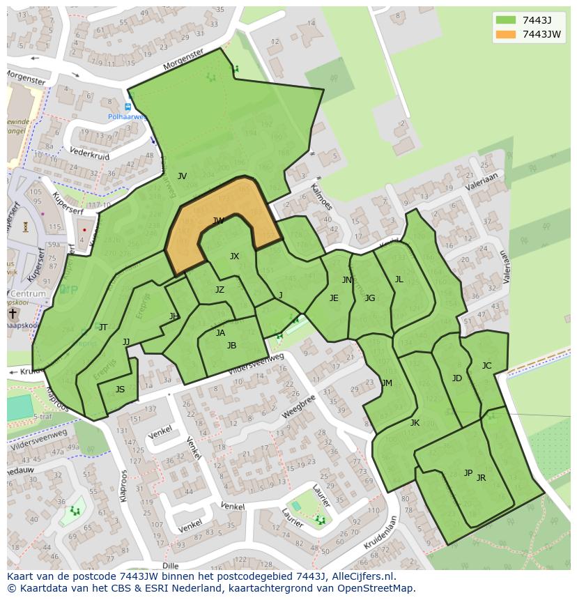 Afbeelding van het postcodegebied 7443 JW op de kaart.