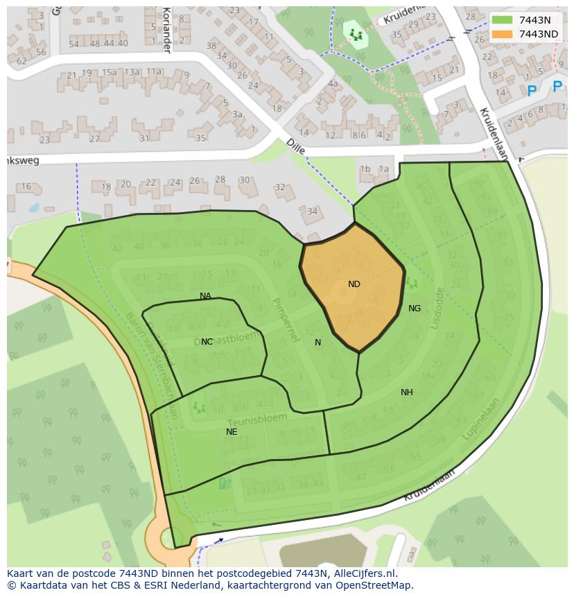 Afbeelding van het postcodegebied 7443 ND op de kaart.