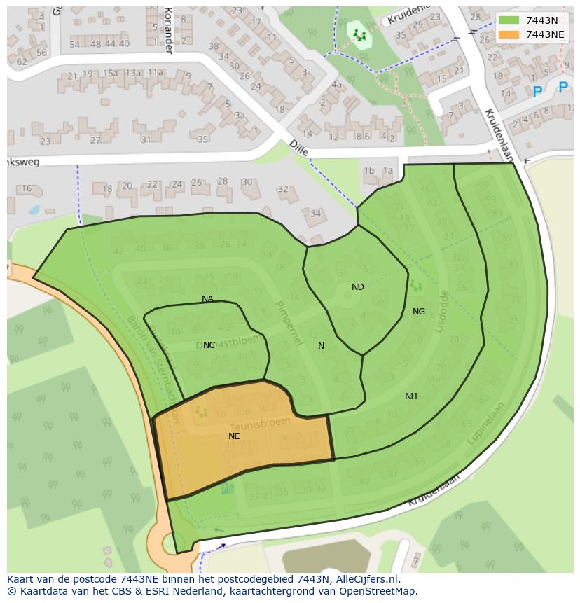 Afbeelding van het postcodegebied 7443 NE op de kaart.