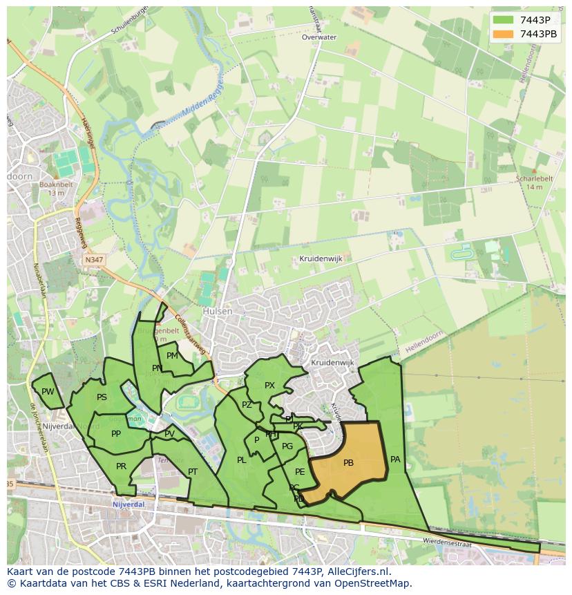 Afbeelding van het postcodegebied 7443 PB op de kaart.