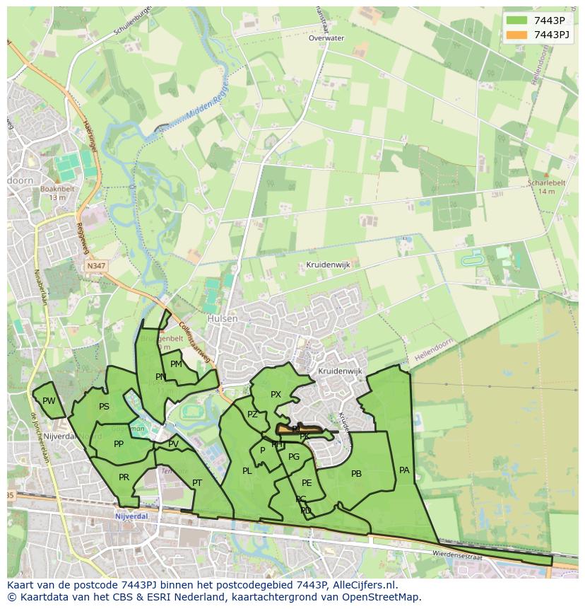 Afbeelding van het postcodegebied 7443 PJ op de kaart.