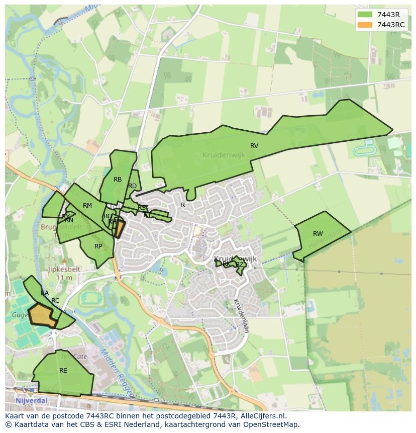 Afbeelding van het postcodegebied 7443 RC op de kaart.