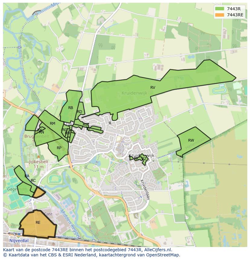 Afbeelding van het postcodegebied 7443 RE op de kaart.