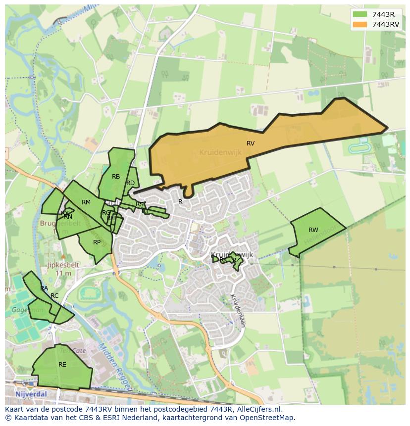 Afbeelding van het postcodegebied 7443 RV op de kaart.