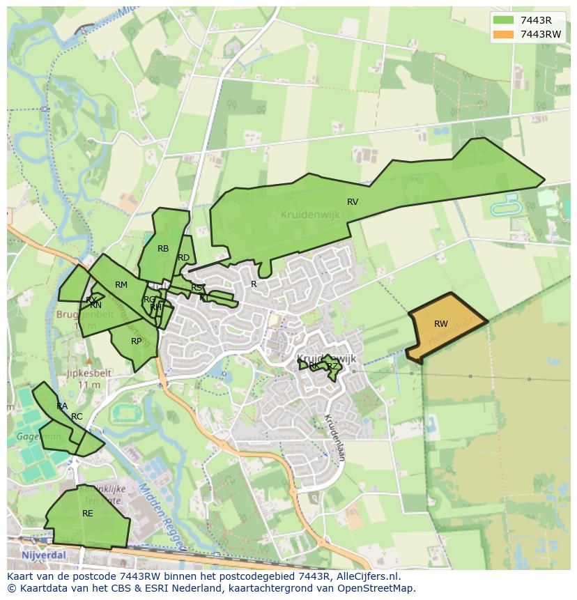 Afbeelding van het postcodegebied 7443 RW op de kaart.