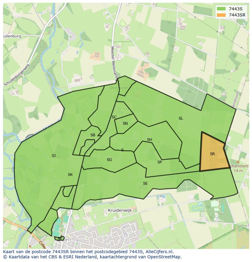 Afbeelding van het postcodegebied 7443 SR op de kaart.