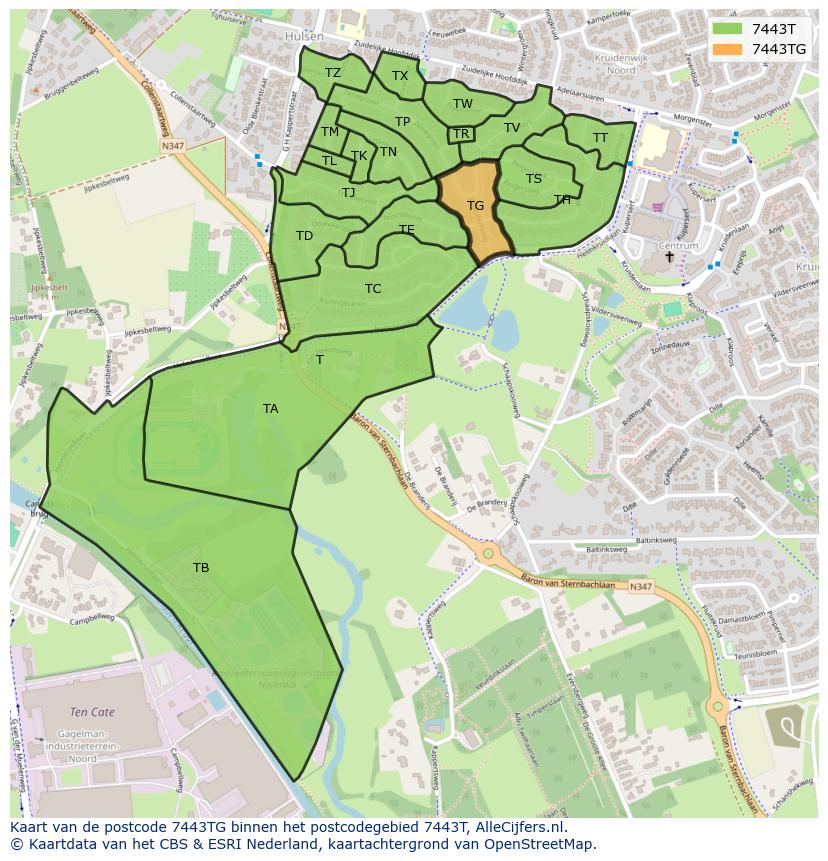 Afbeelding van het postcodegebied 7443 TG op de kaart.