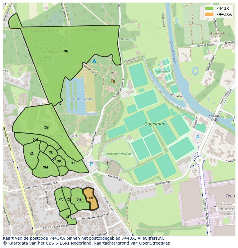 Afbeelding van het postcodegebied 7443 XA op de kaart.