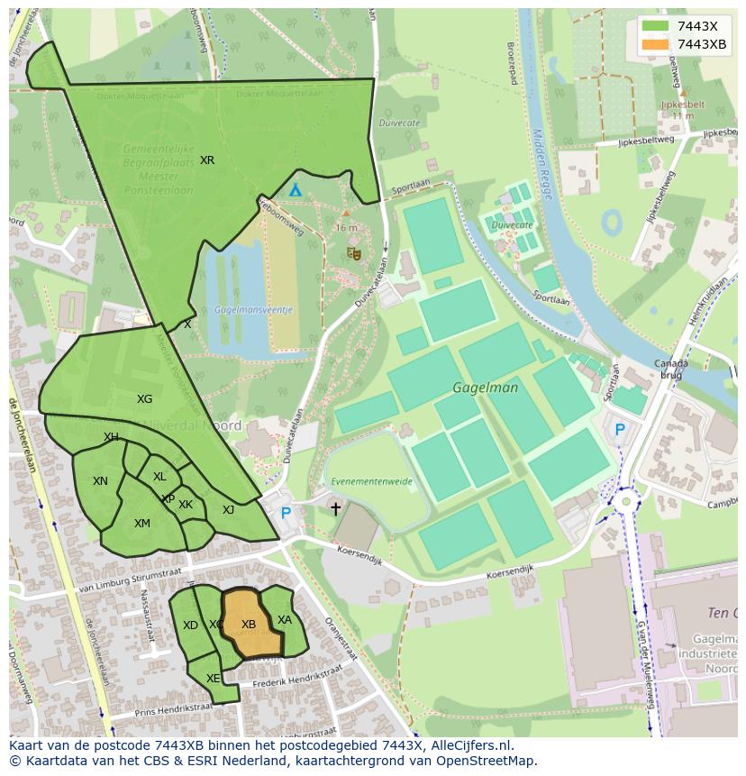 Afbeelding van het postcodegebied 7443 XB op de kaart.
