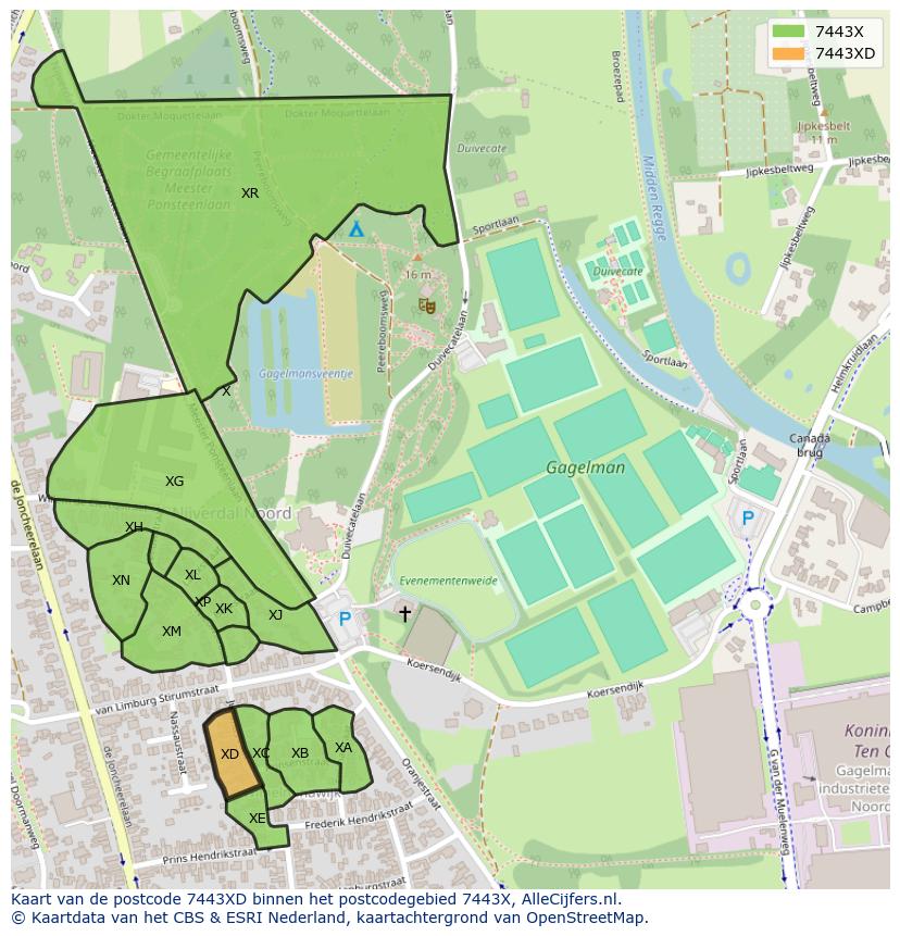 Afbeelding van het postcodegebied 7443 XD op de kaart.