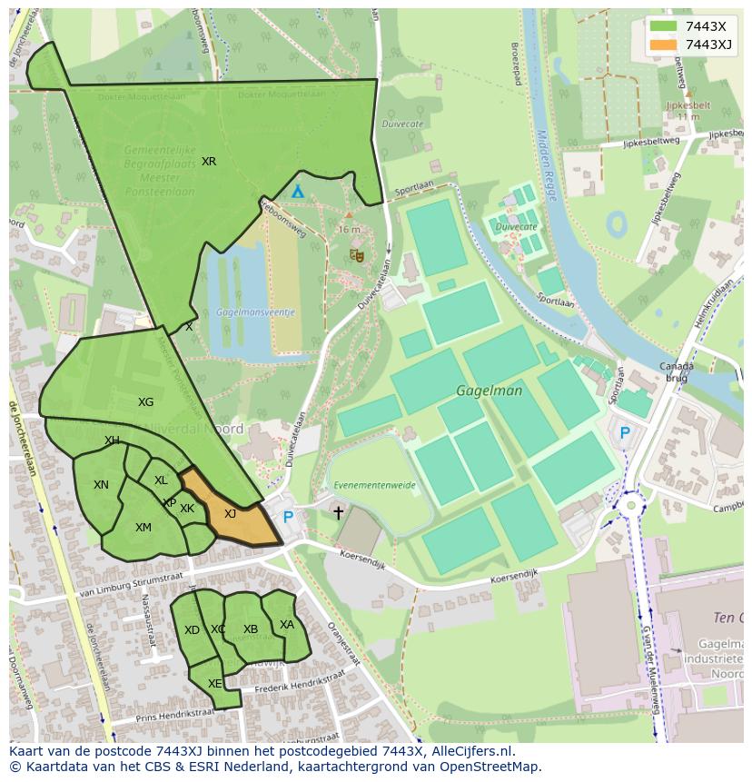Afbeelding van het postcodegebied 7443 XJ op de kaart.