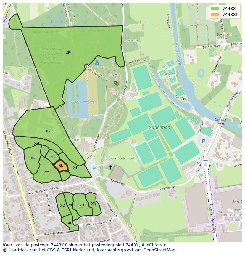 Afbeelding van het postcodegebied 7443 XK op de kaart.
