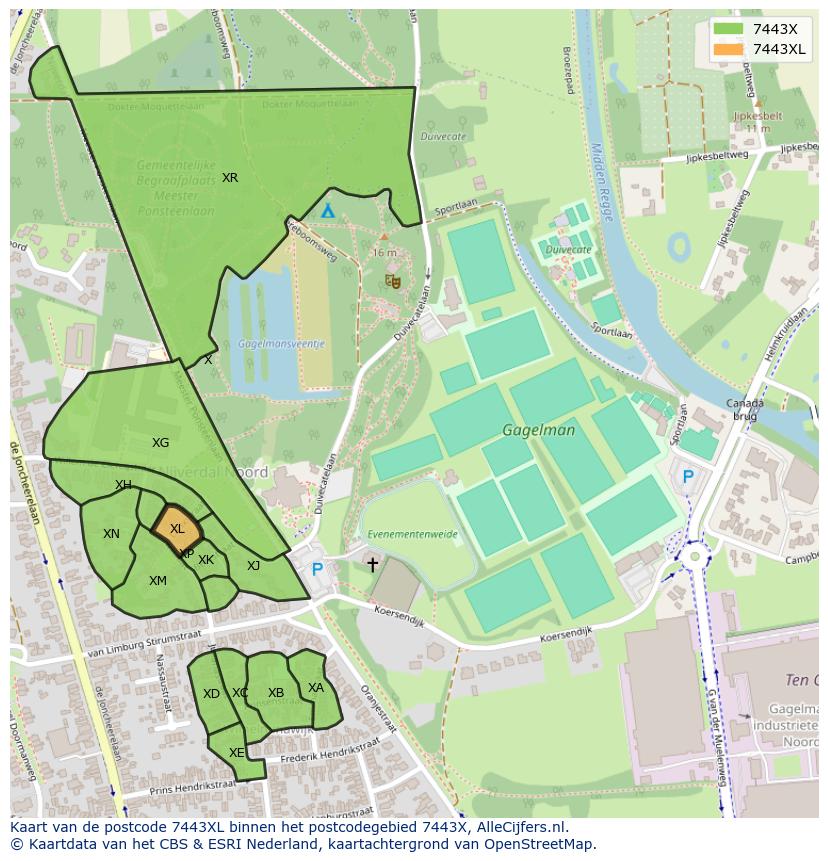 Afbeelding van het postcodegebied 7443 XL op de kaart.