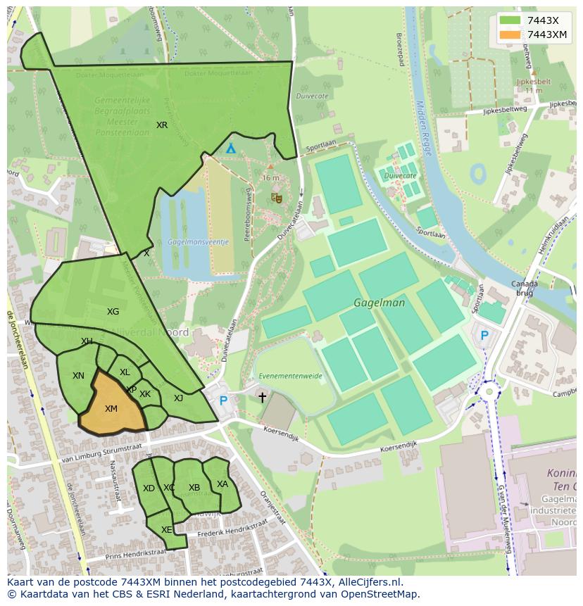 Afbeelding van het postcodegebied 7443 XM op de kaart.